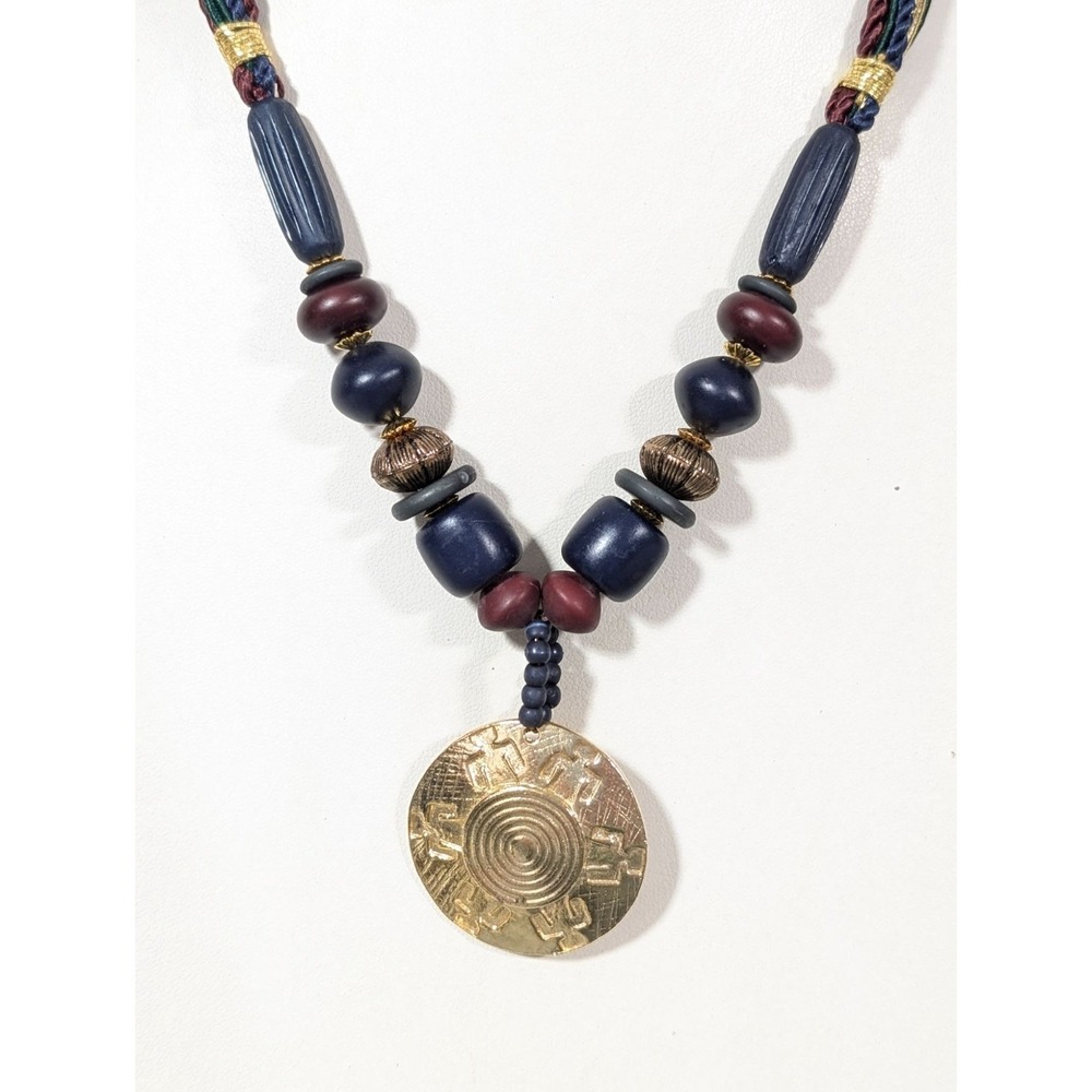 Retro Tribal Medallion Blue Red Green Multi Cord Gold Tone‎ Necklace 18"